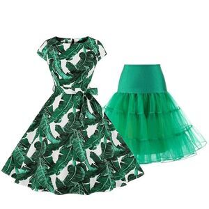 🌴 2PCS Green Bundle Pinup Retro Rockabilly 1950s Dress & Petticoat SIZE L NEW